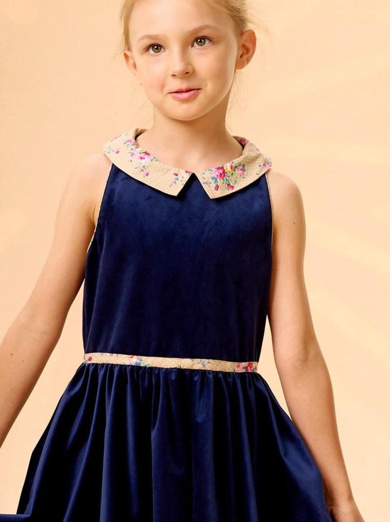 Robe Qui Tourne Fille  Velours    Col Fleuri   HEPBURN - La Faute à Voltaire Bleu marine - Kiabi