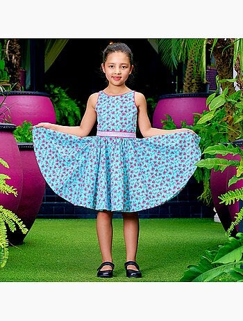 Robe Qui Tourne Fleurie Bleu Turquoise Fuchsia HEPBURN - 'LA FAUTE A VOLTAIRE'