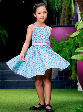 Robe Qui Tourne   Fleurie Bleu Turquoise Fuchsia  HEPBURN - La Faute à Voltaire