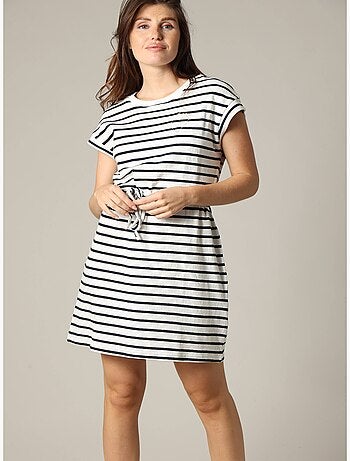 Robe rayée en jersey coton avec col rond et manches courtes à revers 'Deeluxe'