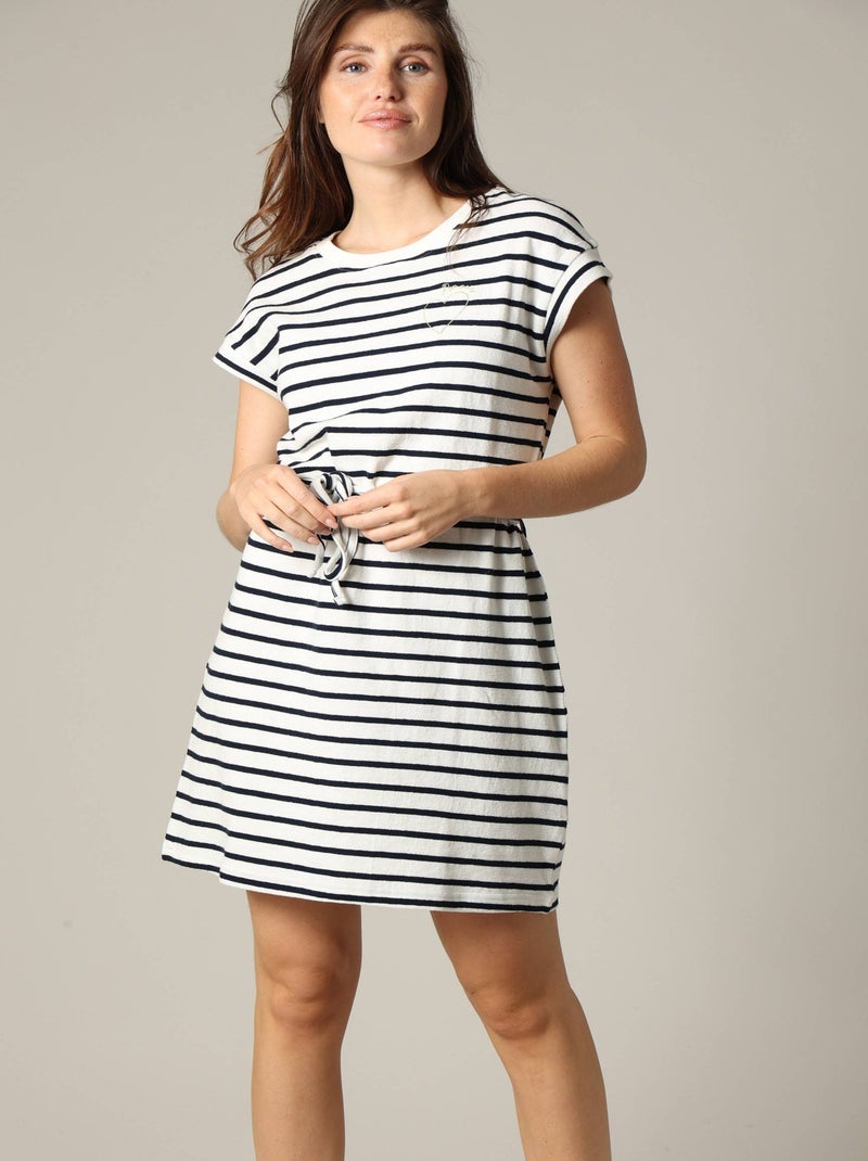 Robe rayée en jersey coton avec col rond et manches courtes à revers 'Deeluxe' Bleu marine - Kiabi