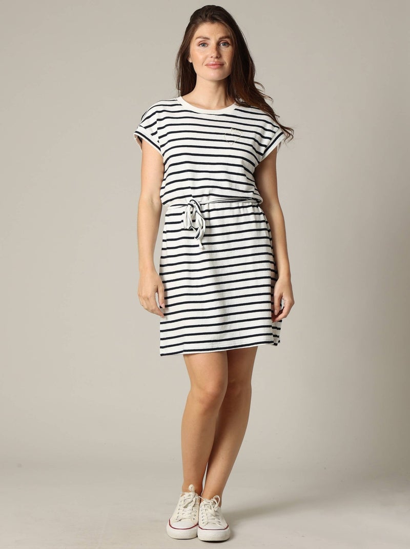 Robe rayée en jersey coton avec col rond et manches courtes à revers 'Deeluxe' Bleu marine - Kiabi