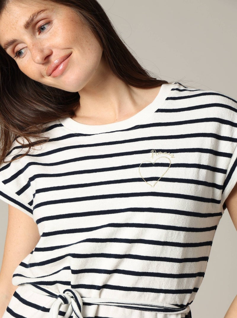 Robe rayée en jersey coton avec col rond et manches courtes à revers 'Deeluxe' Bleu marine - Kiabi