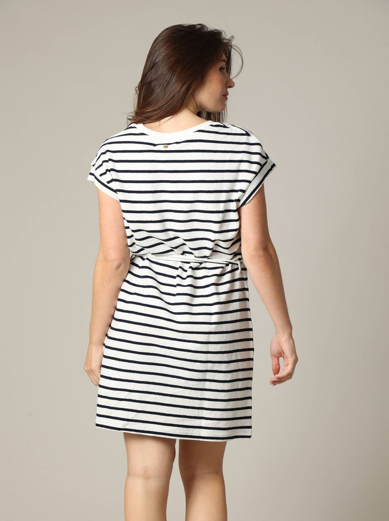Robe rayée en jersey coton avec col rond et manches courtes à revers 'Deeluxe' Bleu marine - Kiabi