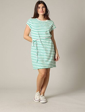 Robe rayée en jersey coton avec col rond et manches courtes à revers 'Deeluxe'