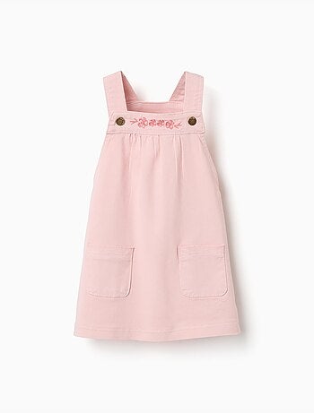 Robe salopette en sergé avec fleurs brodées