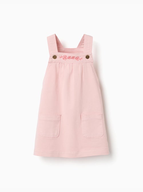 Robe salopette en sergé avec fleurs brodées - Kiabi