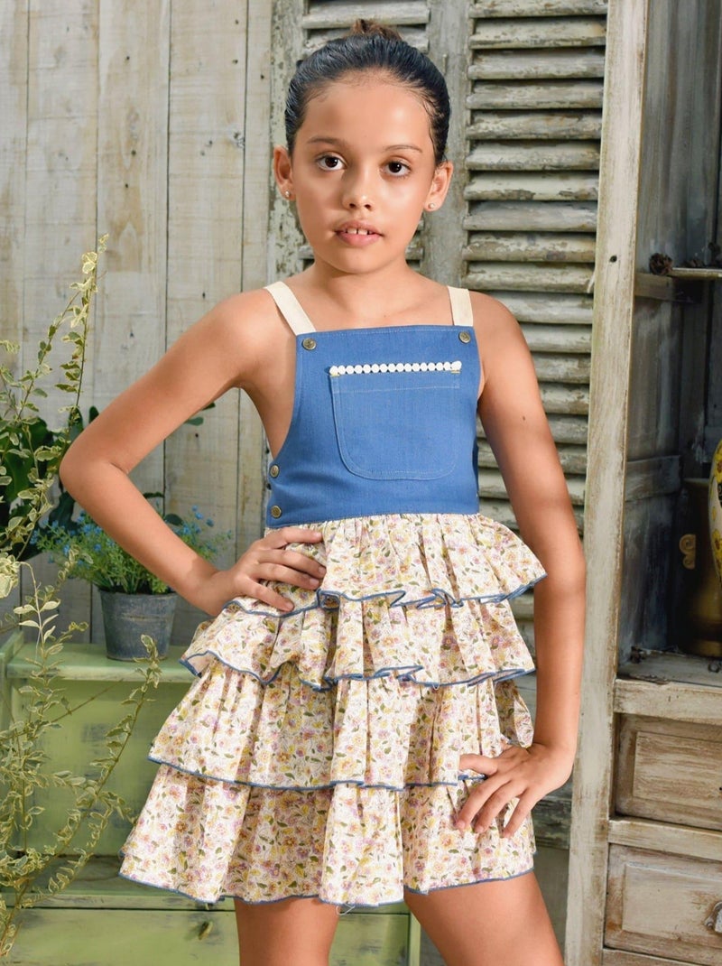 Robe Salopette Été Fille  Volants Liberty Jaune Rose  GIGI - La Faute à Voltaire Bleu Jaune - Kiabi