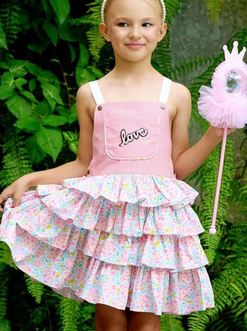 Robe Salopette Fille  Fleurie Rose Bleu Pâle  GIGI - 'LA FAUTE A VOLTAIRE' - Kiabi