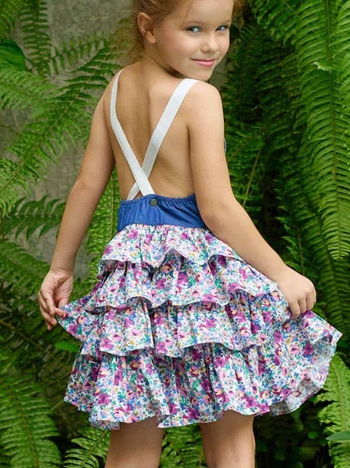 Robe Salopette Fille  Fleurs Violettes Bleu Rose  GIGI - 'LA FAUTE A VOLTAIRE' - Kiabi