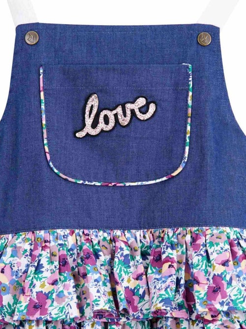 Robe Salopette Fille  Fleurs Violettes Bleu Rose  GIGI - La Faute à Voltaire - Kiabi