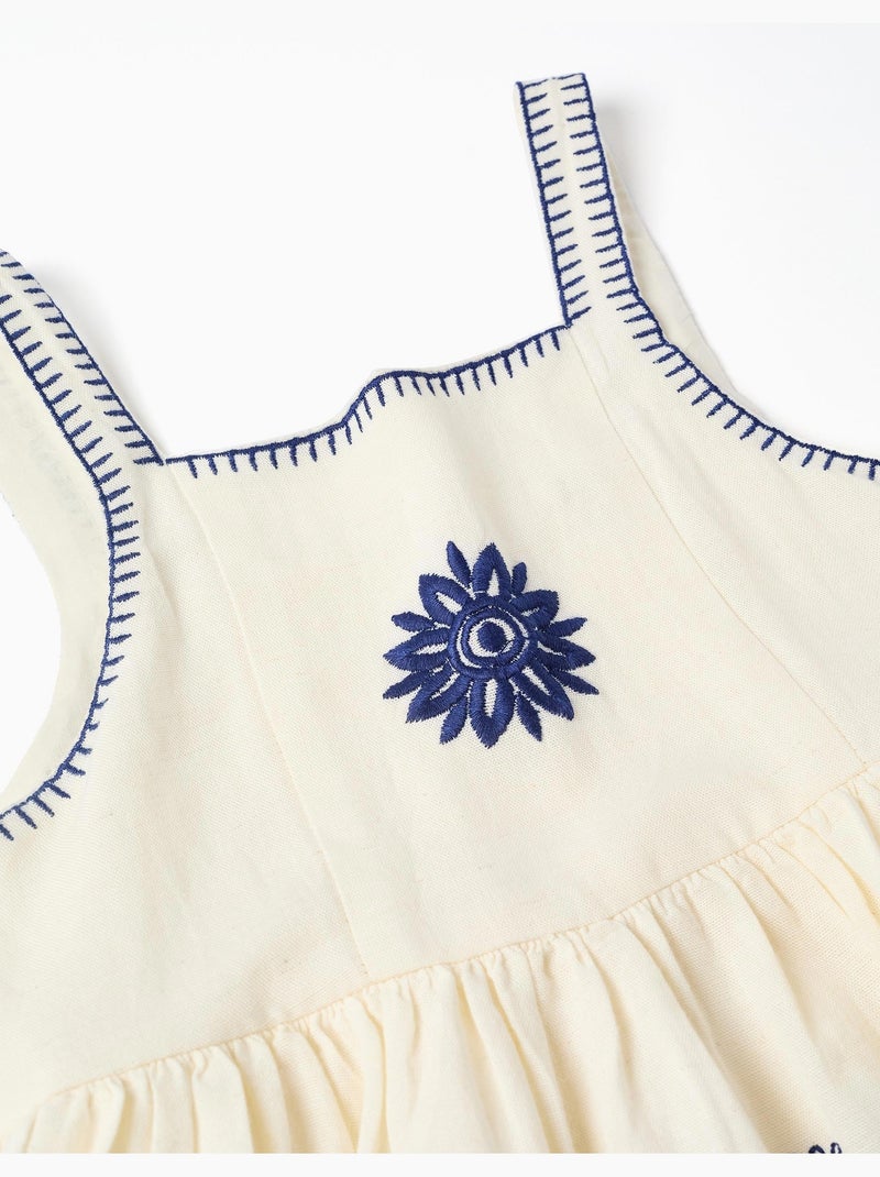 Robe sans manches en coton et lin avec broderie florale Beige clair - Kiabi