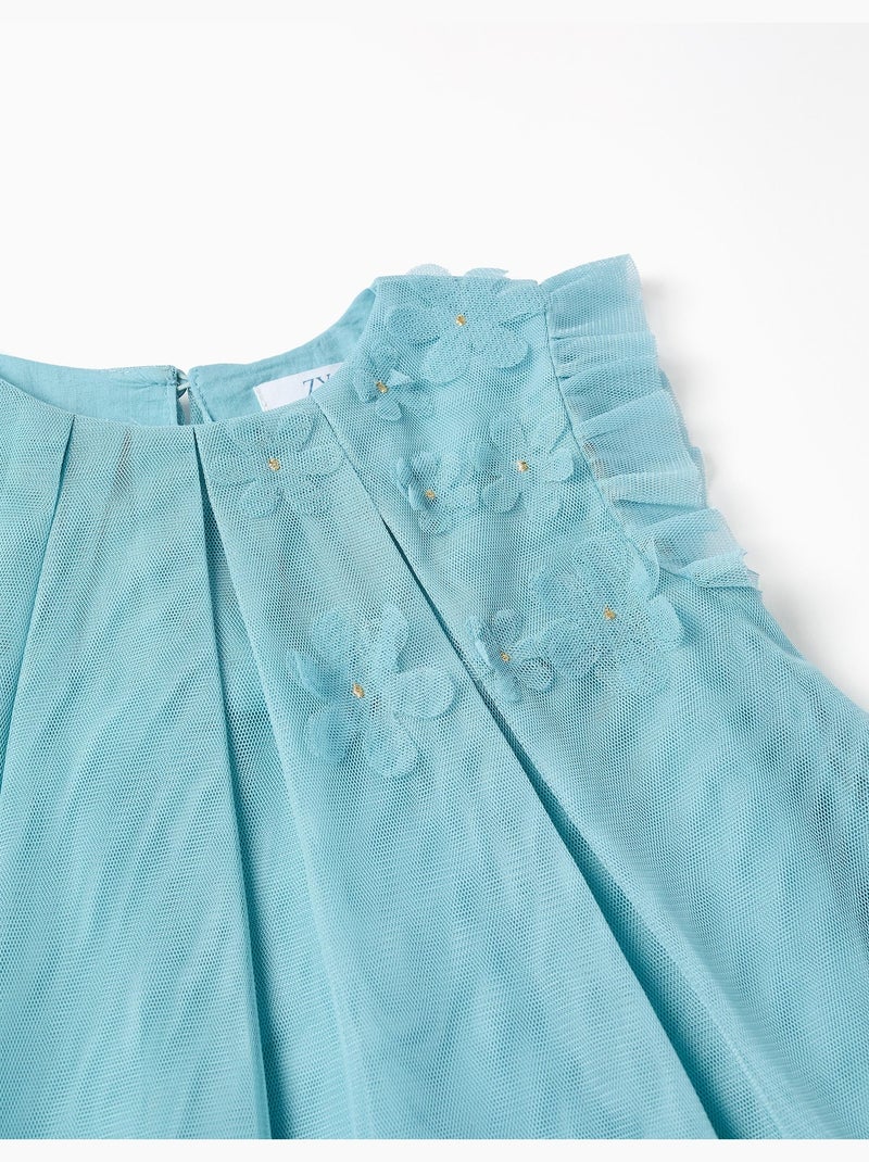 Robe sans manches en tulle à volants et fleurs Bleu clair - Kiabi