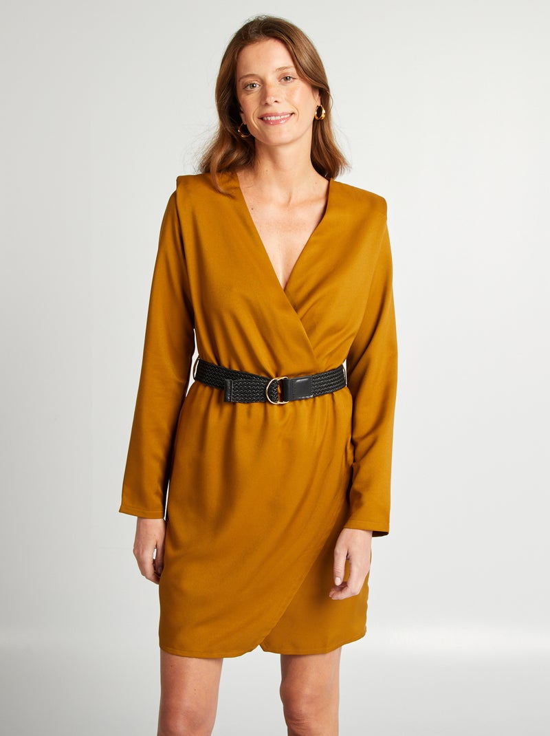 Robe satinée encolure cache-coeur Marron - Kiabi