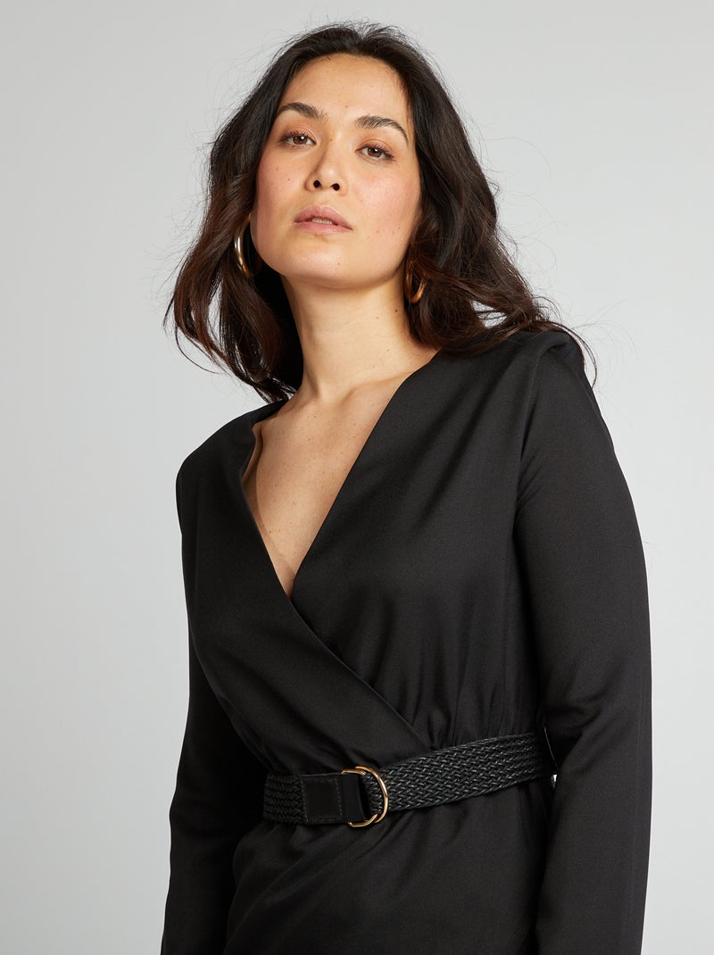 Robe satinée encolure cache-coeur Noir - Kiabi