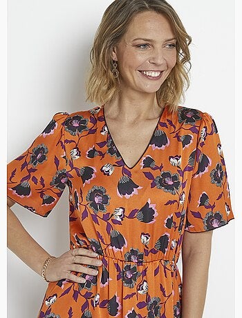 Robe satinée fleurie manches papillon - Afibel