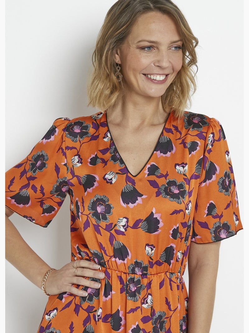 Robe satinée fleurie manches papillon - Afibel Orange - Kiabi