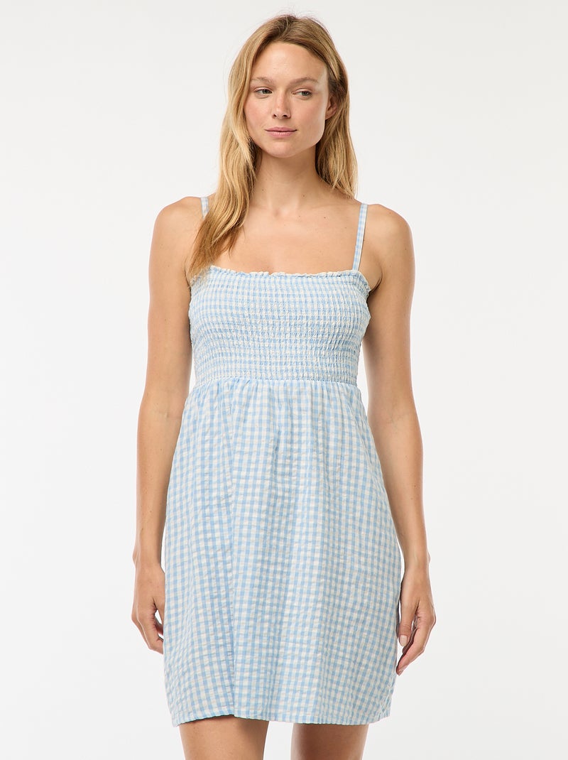 Robe smockée vichy en seersucker Bleu - Kiabi
