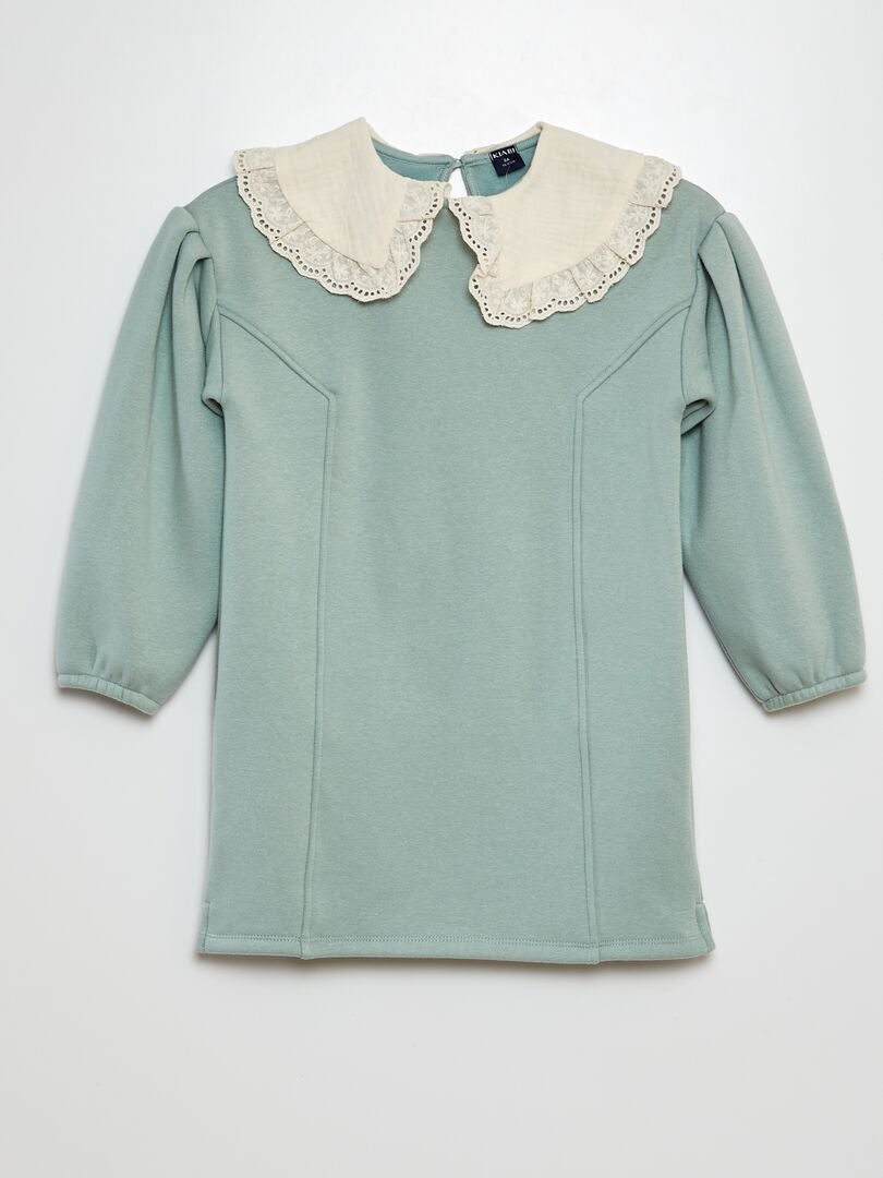 Robe sweat avec col en broderies anglaises Vert - Kiabi