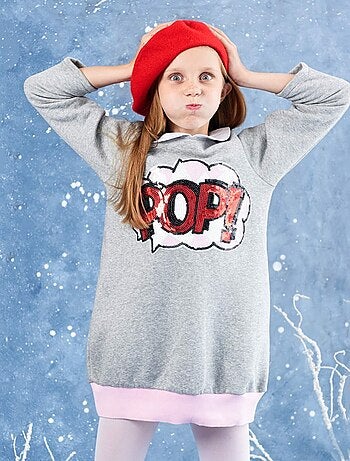 Robe Sweat-Shirt Fille  Molleton Gris Souris Sequins Rose Rouge  POP - La Faute à Voltaire