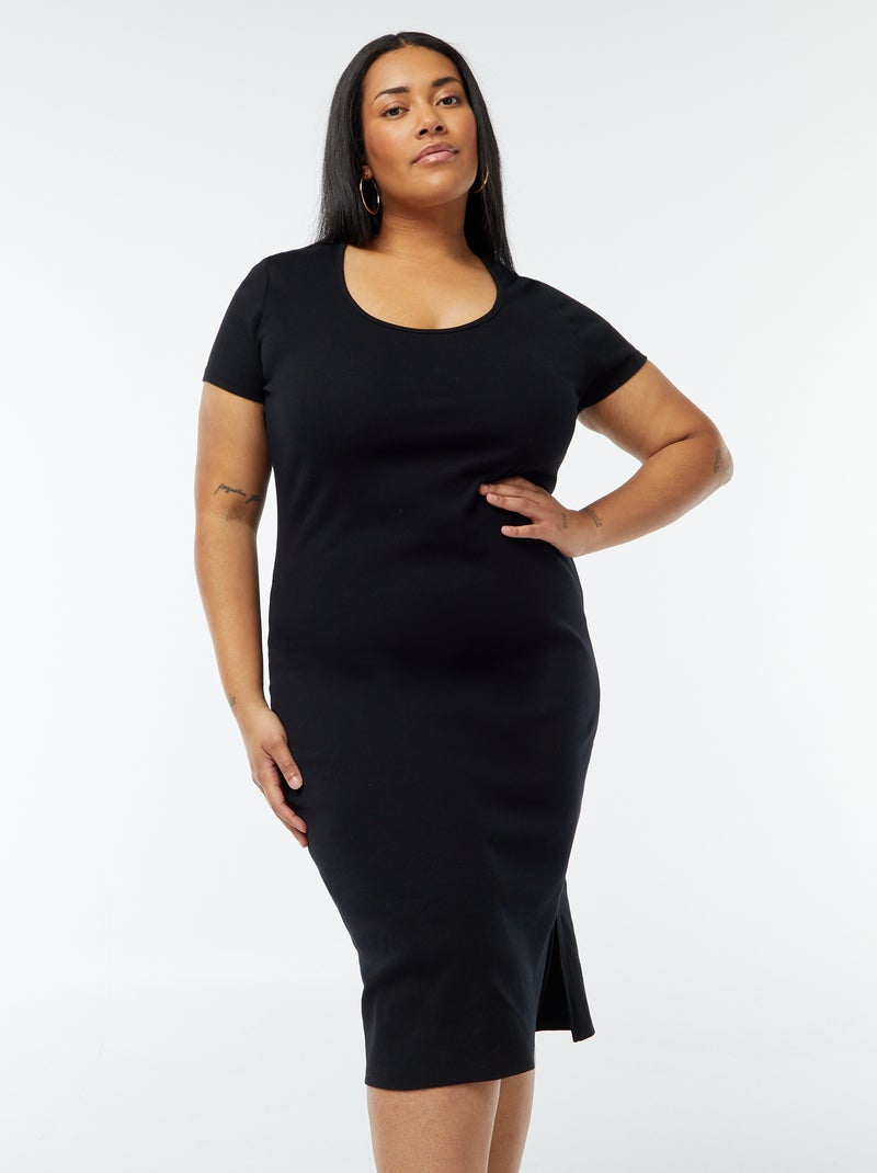 Robe t-shirt unie finement côtelée à manches courtes noir - Kiabi