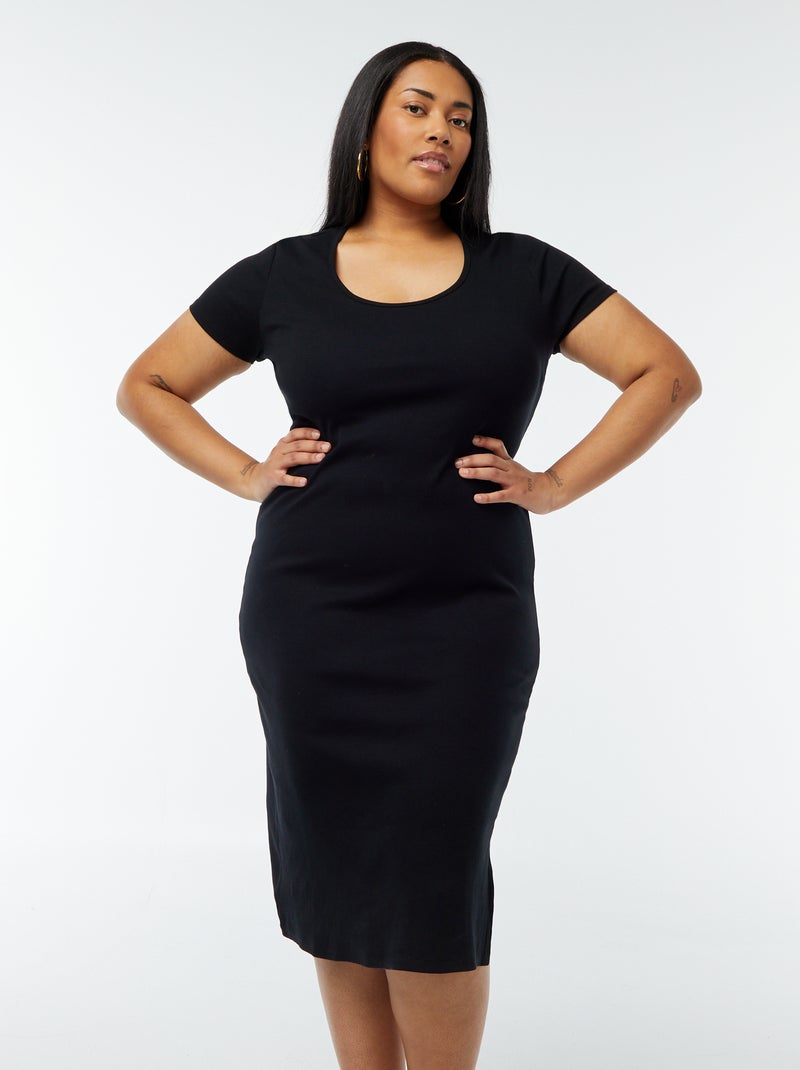 Robe t-shirt unie finement côtelée à manches courtes Noir - Kiabi