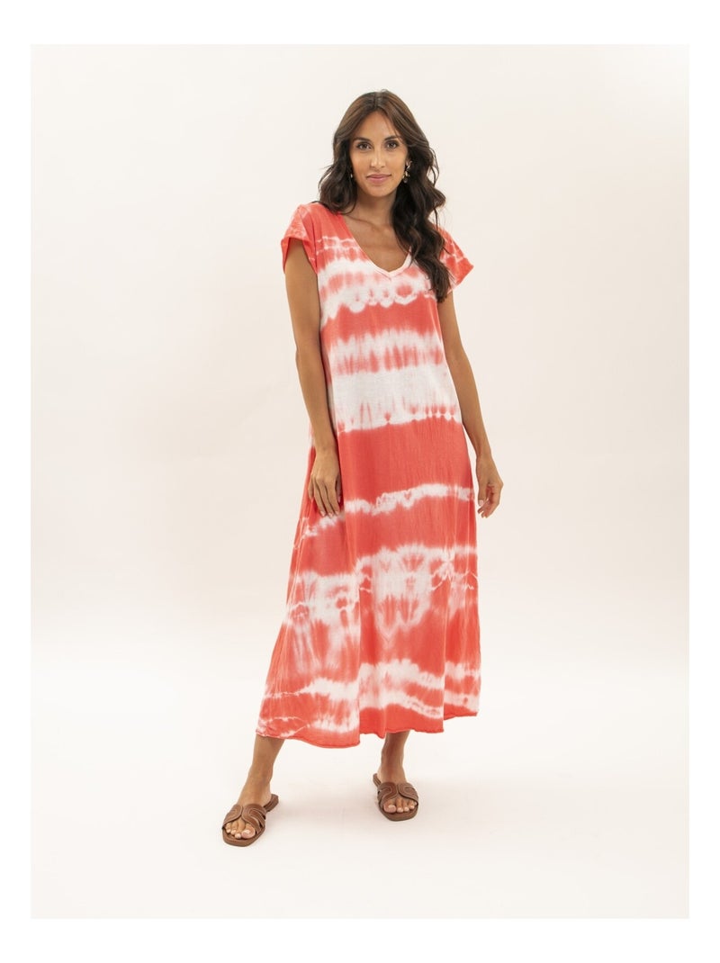 Robe tee-shirt longue motifs IBOLIA Orange corail - Kiabi