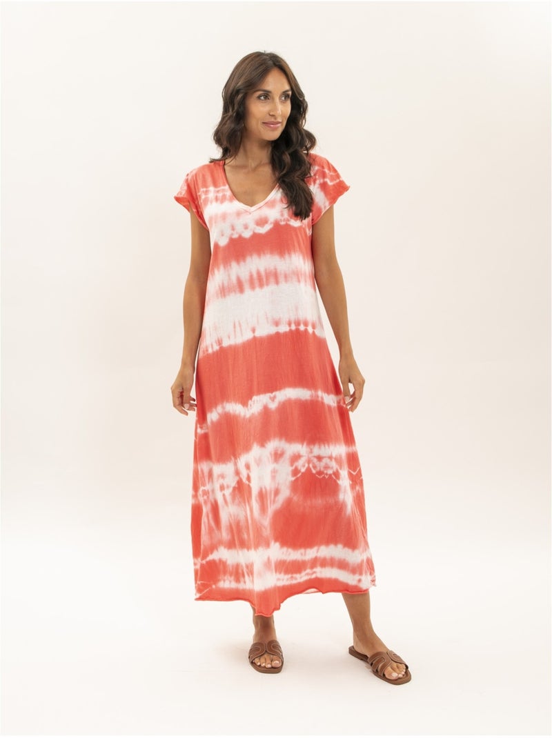 Robe tee-shirt longue motifs IBOLIA Orange corail - Kiabi