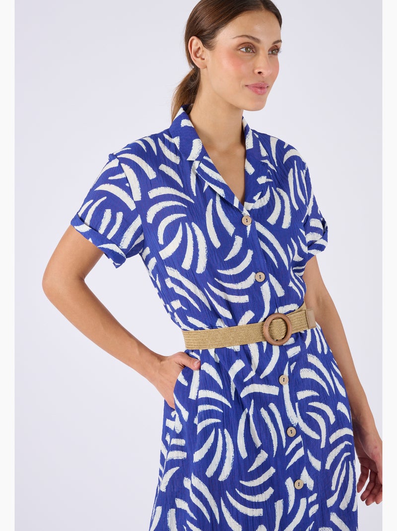 Robe tissu gaufré + ceinture - Damart Bleu - Kiabi