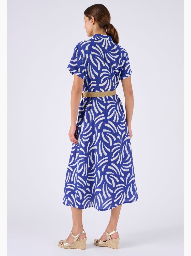 Robe tissu gaufré + ceinture - Damart Bleu - Kiabi