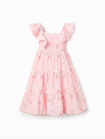 Robe trapèze en coton à motif floral et volants