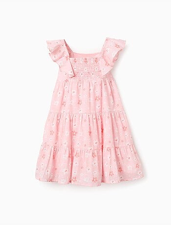 Robe trapèze en coton à motif floral et volants