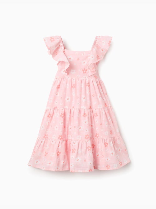 Robe trapèze en coton à motif floral et volants - Kiabi