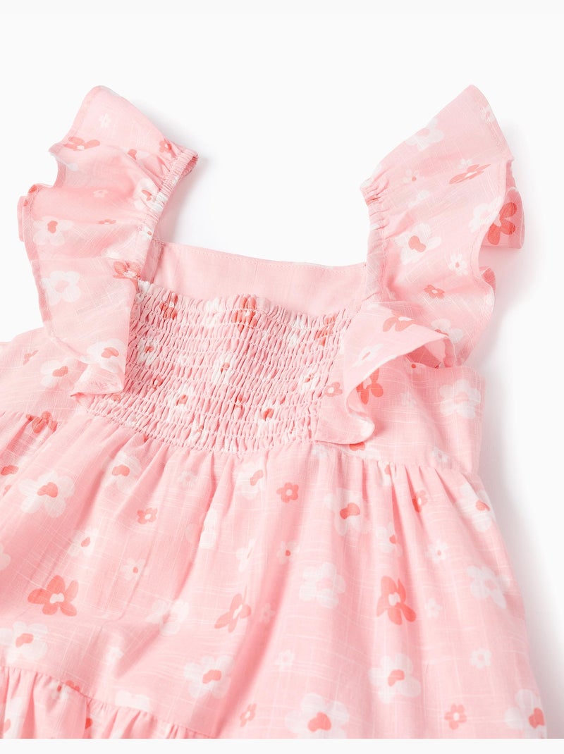 Robe trapèze en coton à motif floral et volants Rose clair - Kiabi