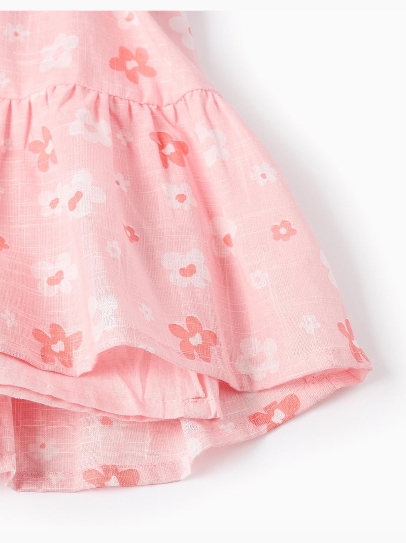 Robe trapèze en coton à motif floral et volants Rose clair - Kiabi