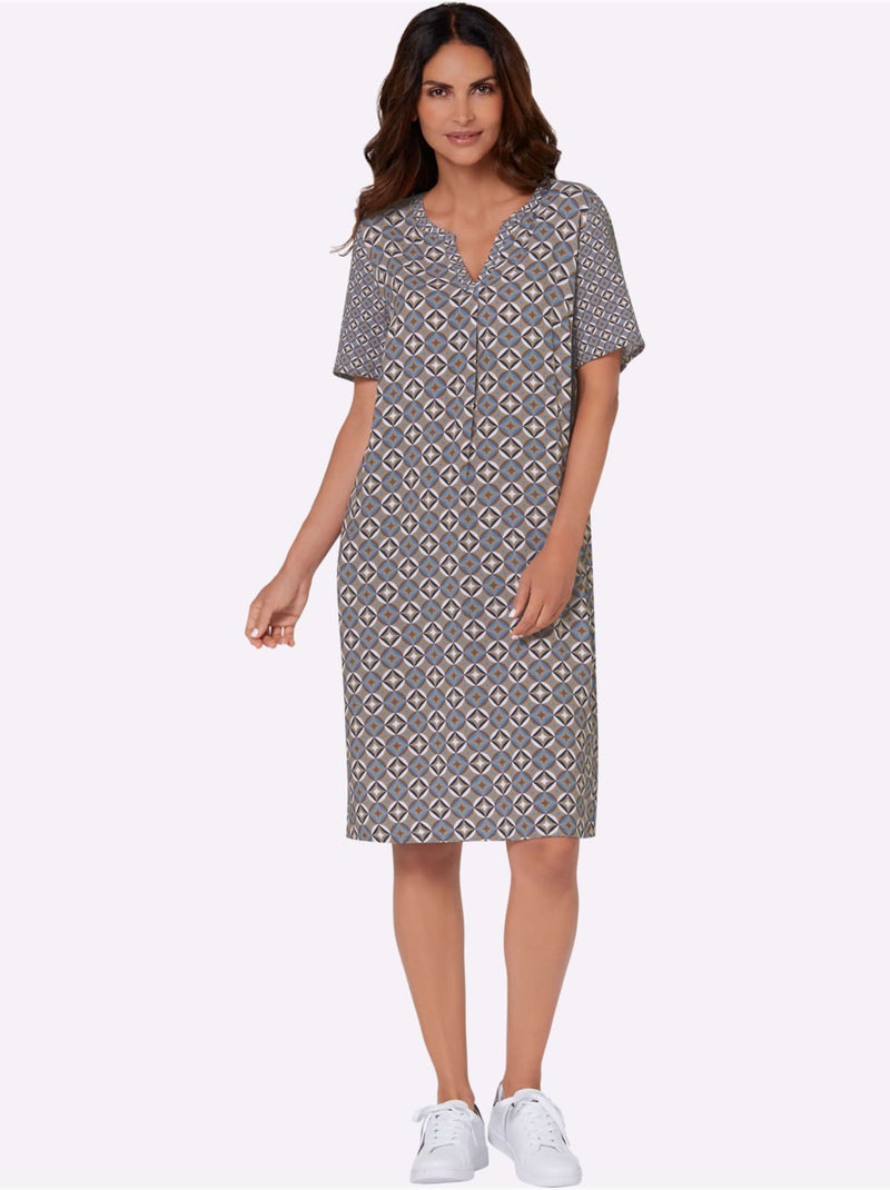 Robe tunique à col en V et manches courtes motif géométrique - Taille standard - Witt Gris Bleu - Kiabi