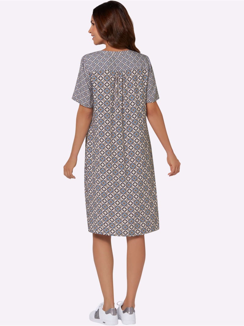Robe tunique à col en V et manches courtes motif géométrique - Taille standard - Witt Gris Bleu - Kiabi