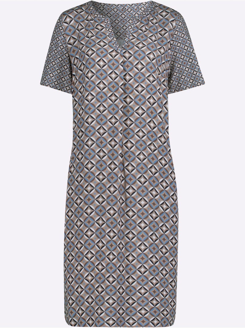 Robe tunique à col en V et manches courtes motif géométrique - Taille standard - Witt Gris Bleu - Kiabi