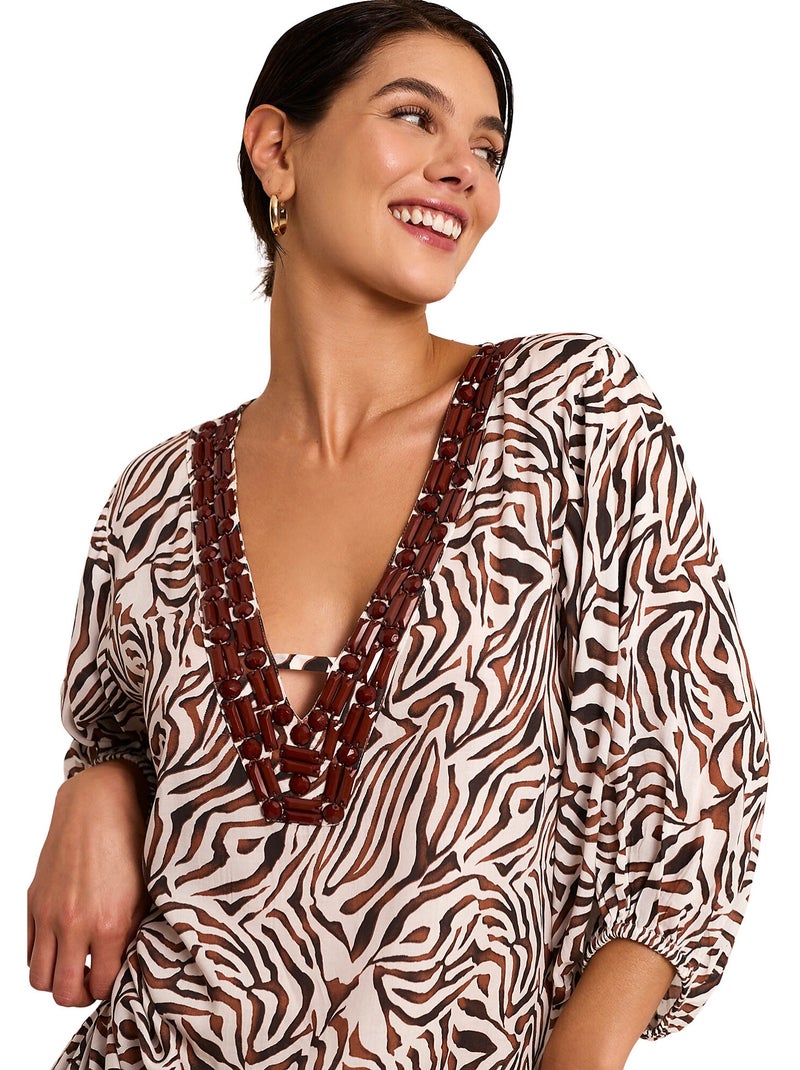 Robe tunique longue de plage manches mi-longues UTOPIA Ecru - Kiabi