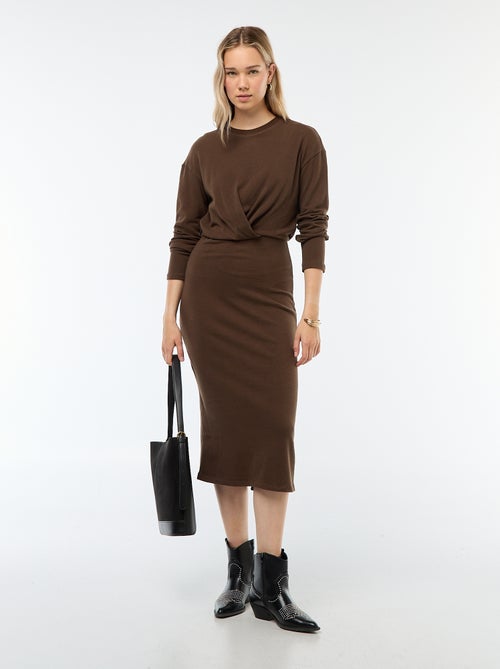 Robe unie coupe midi unie à manches longues - Kiabi