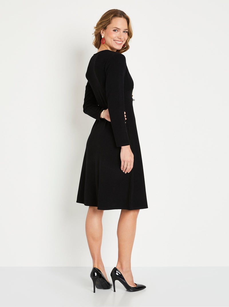 Robe unie courte col V en maille côtelée - Afibel Noir - Kiabi