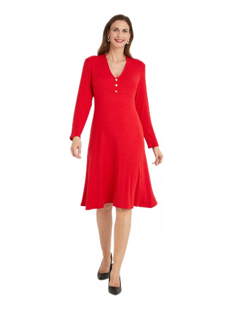 Robe unie courte col V en maille côtelée Rouge - Kiabi