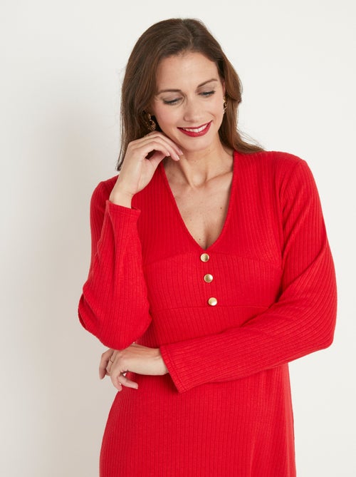 Robe unie courte col V en maille côtelée - Kiabi