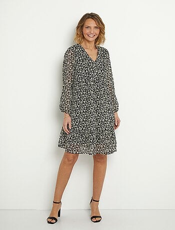 Robe voile imprimé col V manches 3/4