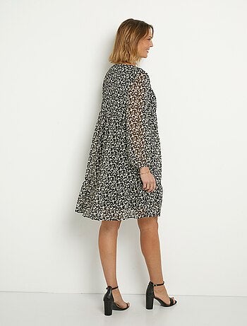 Robe voile imprimé col V manches 3/4