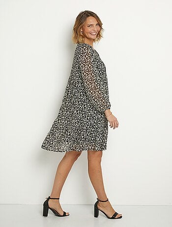 Robe voile imprimé col V manches 3/4