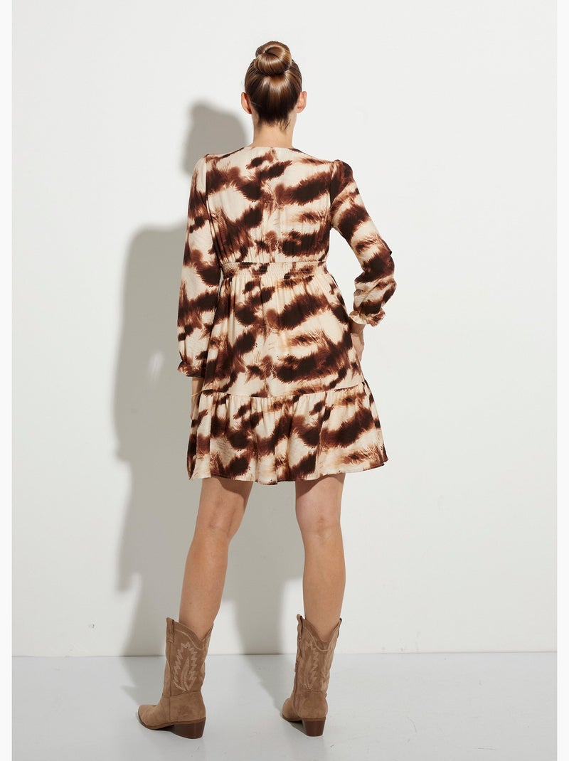 Robe volantée col V manches resserrées - AFIBEL Marron/Beige/Noir - Kiabi