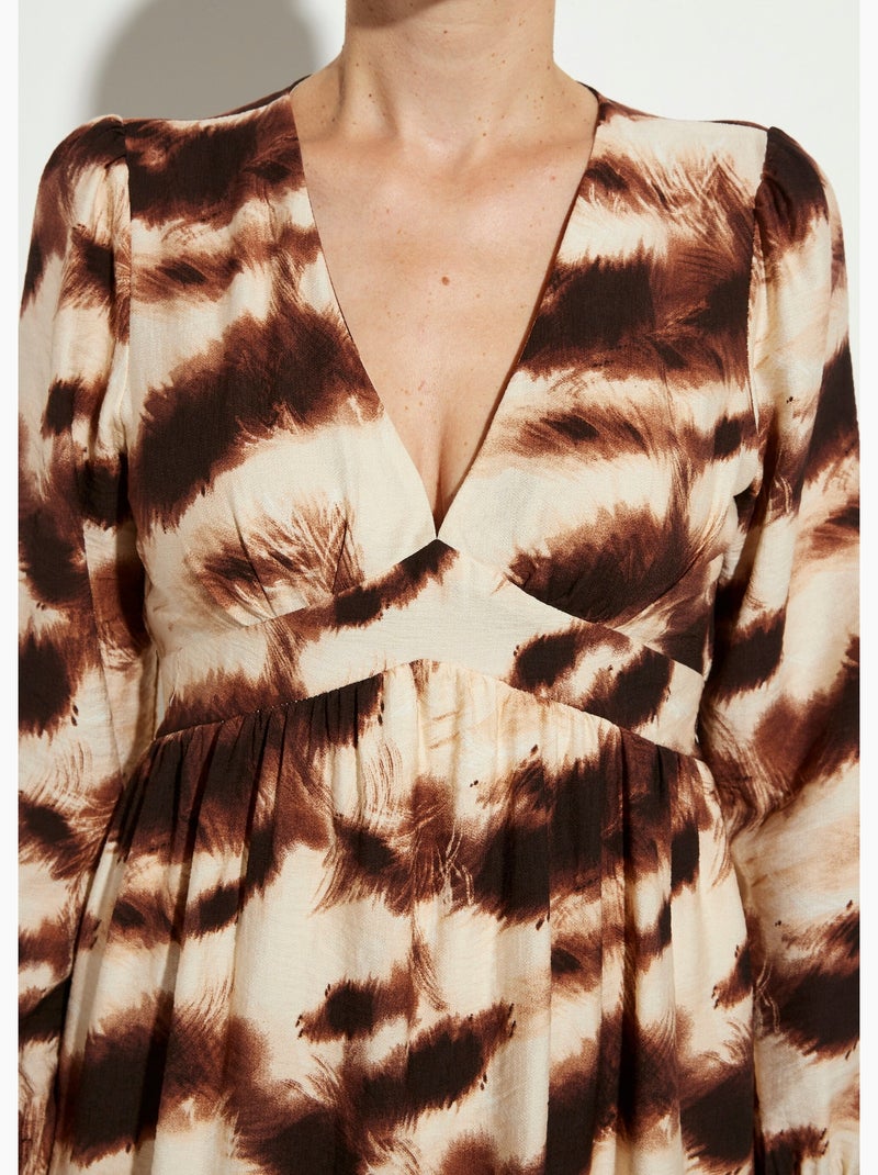 Robe volantée col V manches resserrées - AFIBEL Marron/Beige/Noir - Kiabi
