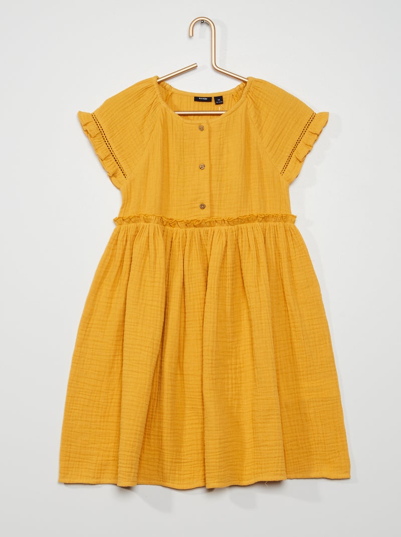 Robe volantée en maille gaufrée jaune moutarde - Kiabi