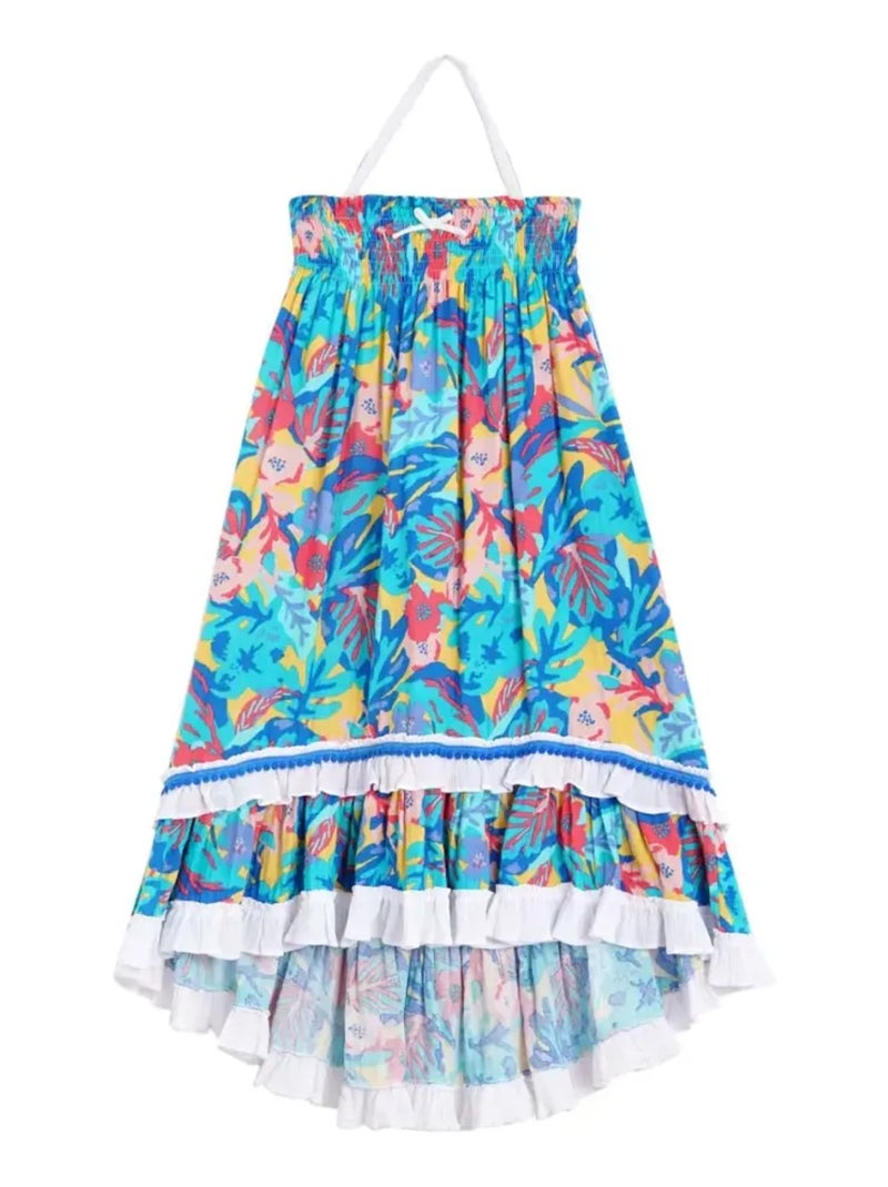 Robe/Jupe Longue de Plage Fille  Fleurs Hawaï Bleu Rose  IBIZA - La Faute à Voltaire Bleu turquoise - Kiabi